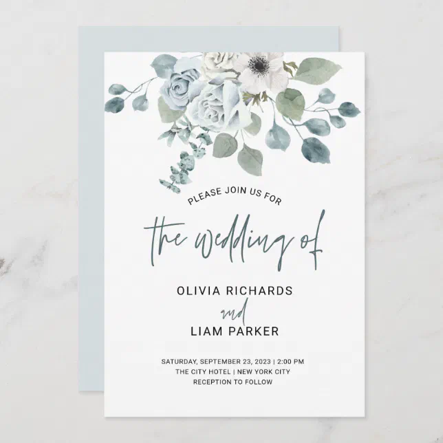 Simple Dusty Blue Floral and Eucalyptus Wedding Invitation | Zazzle