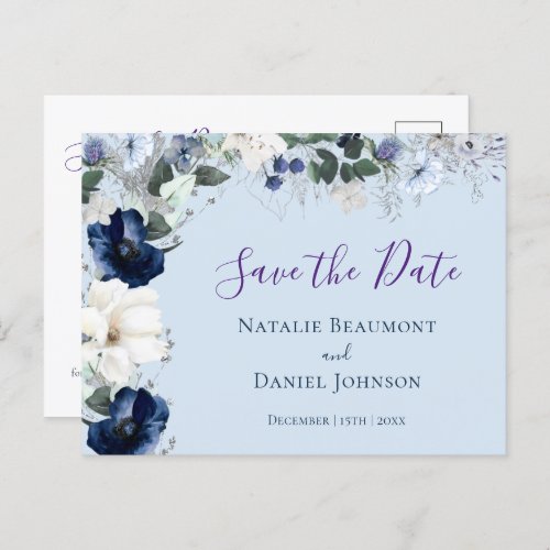 Simple Dusty Blue Floral Save the Date Invitation Postcard