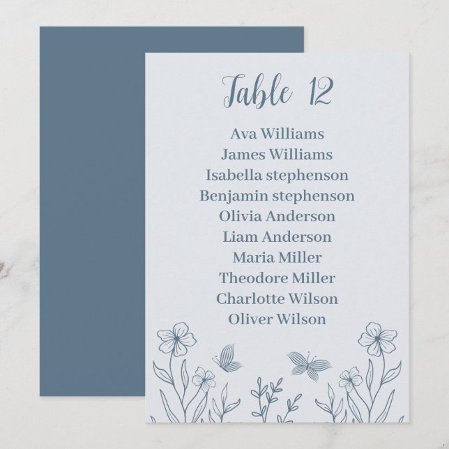 Simple dusty blue floral seating chart card (Front/Back)