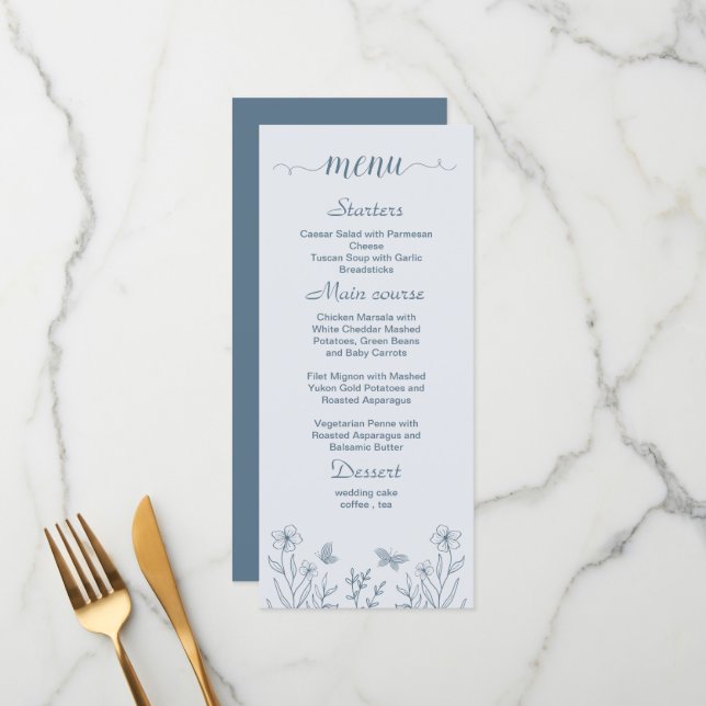 Simple dusty blue floral wedding menu (Front/Back In Situ)