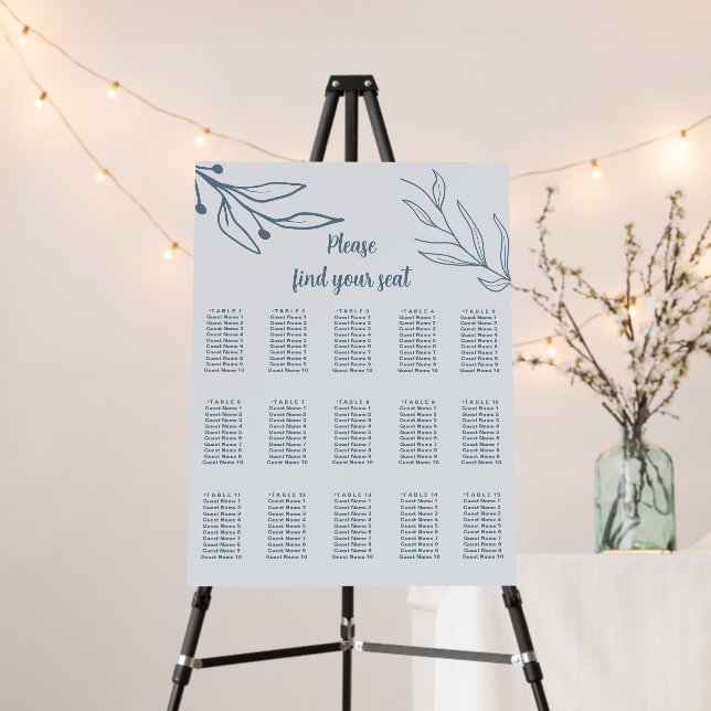 Simple dusty blue floral wedding seating chart foam board (In Situ (Stand))