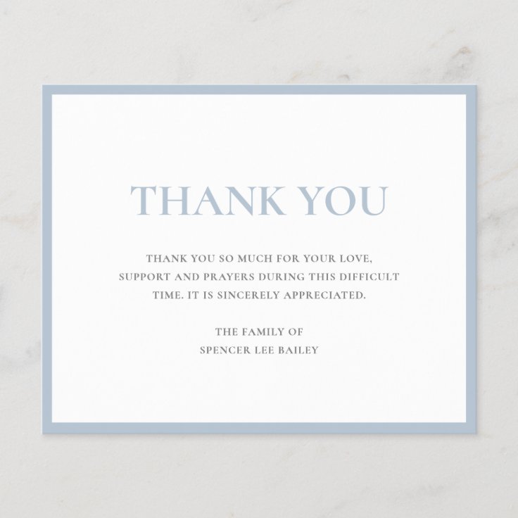 Simple Dusty Blue Funeral Budget Thank You Card | Zazzle