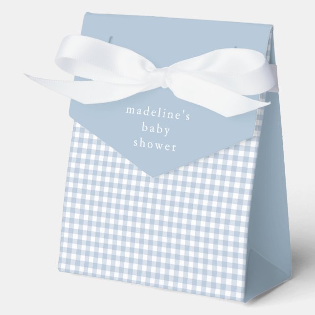 Simple Dusty Blue Gingham Boys Baby Shower Favor Boxes (Front)