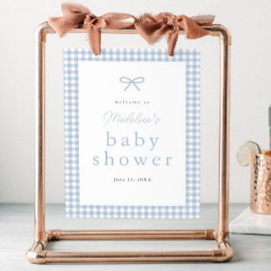 Simple Dusty Blue Gingham Boys Baby Shower Welcome Poster