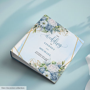 Simple Dusty Blue Greenery Gold Glitter Wedding 3 Ring Binder