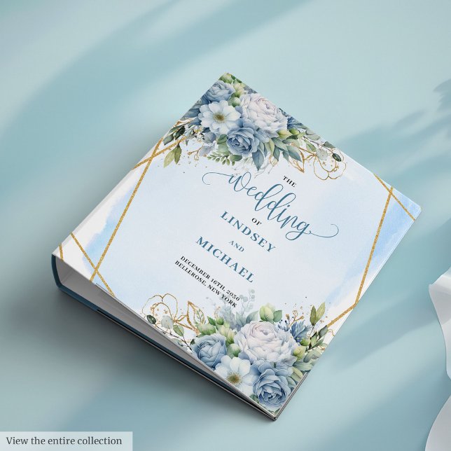 Simple Dusty Blue Greenery Gold Glitter Wedding  3 Ring Binder (Simple Dusty Blue Greenery Gold Glitter Wedding Book)