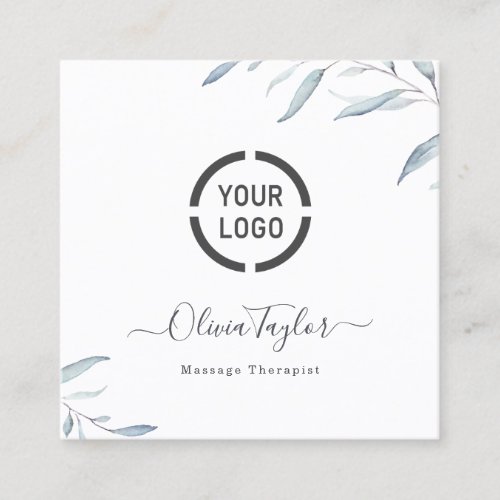 Simple Dusty Blue Greenery Massage Therapist Square Business Card