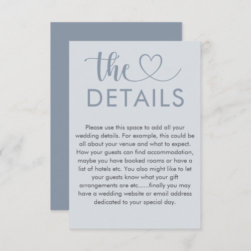Simple Dusty Blue Heart Wedding Details  Enclosure Card