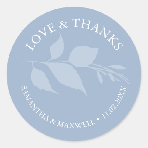 Simple Dusty Blue Leaves Thank You Wedding Classic Round Sticker