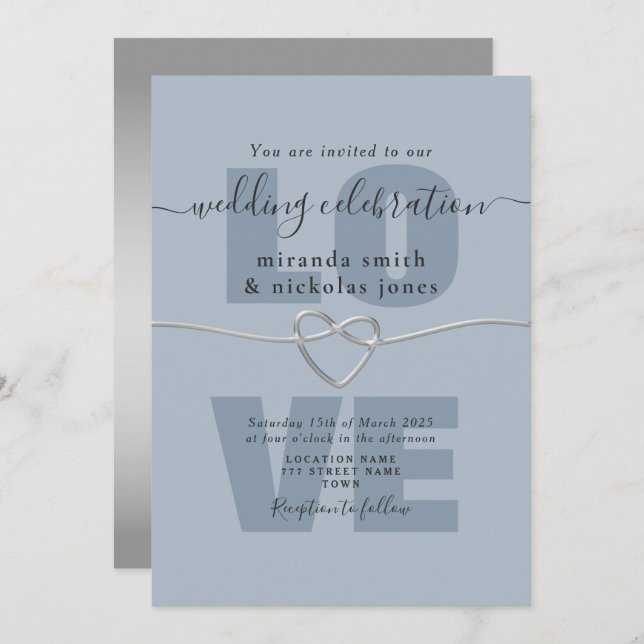 Simple Dusty Blue Love Script Wedding Invitation (Front/Back)