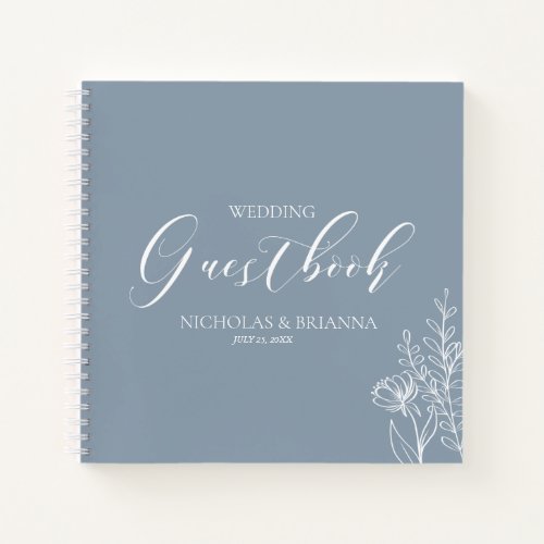 Simple Dusty Blue Minimal Floral Wedding Guestbook Notebook