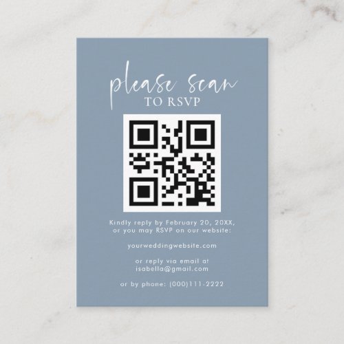 Simple Dusty Blue Minimalist QR Code Wedding RSVP Enclosure Card