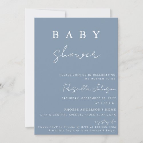 Simple Dusty Blue Minimalist Script Baby Shower Invitation