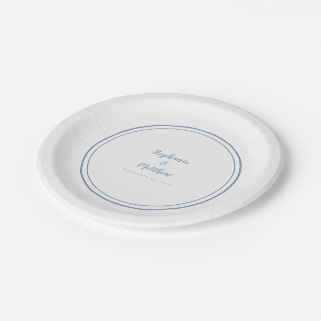 Simple Dusty Blue Modern Bride & Groom Wedding Paper Plates (Angled)