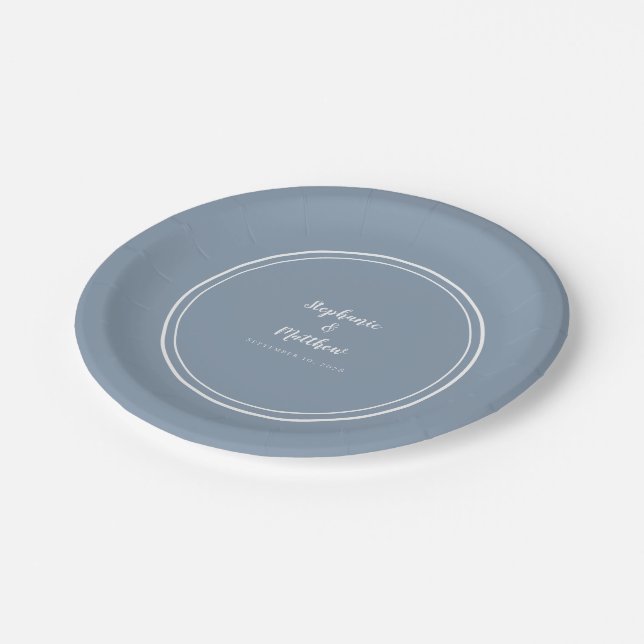 Simple Dusty Blue Modern Bride & Groom Wedding Paper Plates (Angled)