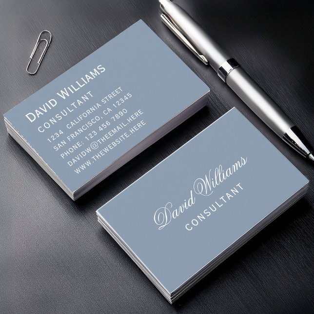 Simple Dusty Blue Modern Color White Script Business Card (Creator Uploaded)