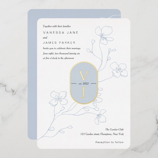 Simple dusty blue modern floral garden wedding  foil invitation (Front/Back)