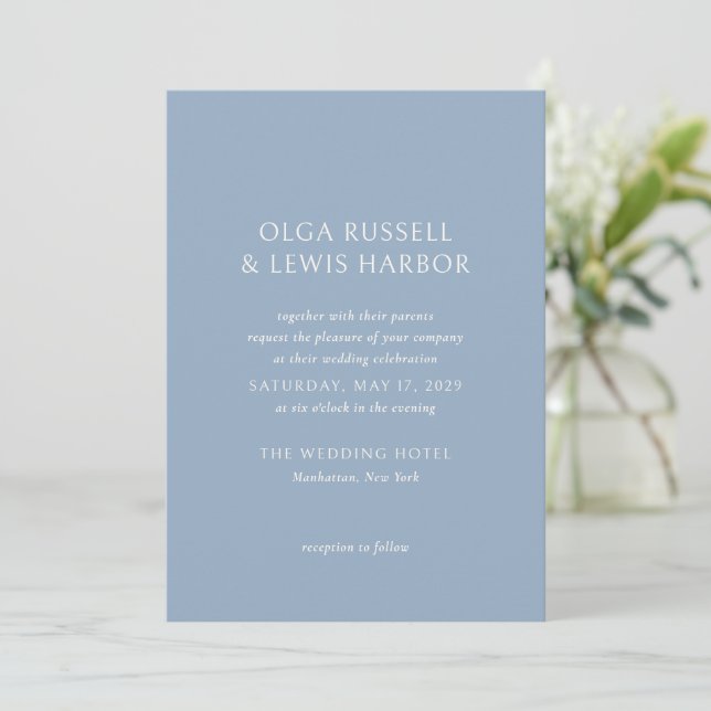 Simple Dusty Blue Modern Wedding Invitation (Standing Front)