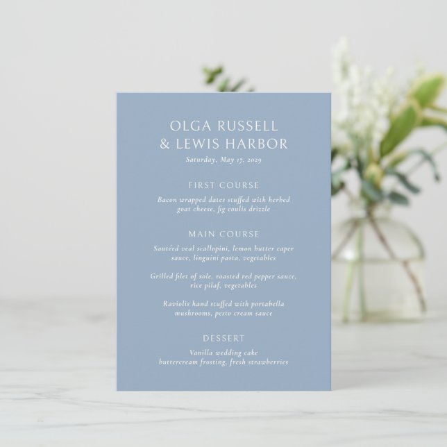 Simple Dusty Blue Modern Wedding Menu (Standing Front)