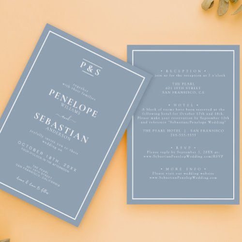  Simple Dusty Blue Monogram All In One Wedding  Invitation
