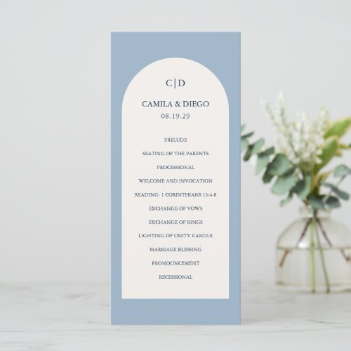 Simple Dusty Blue Monogram Arch Modern Wedding Program