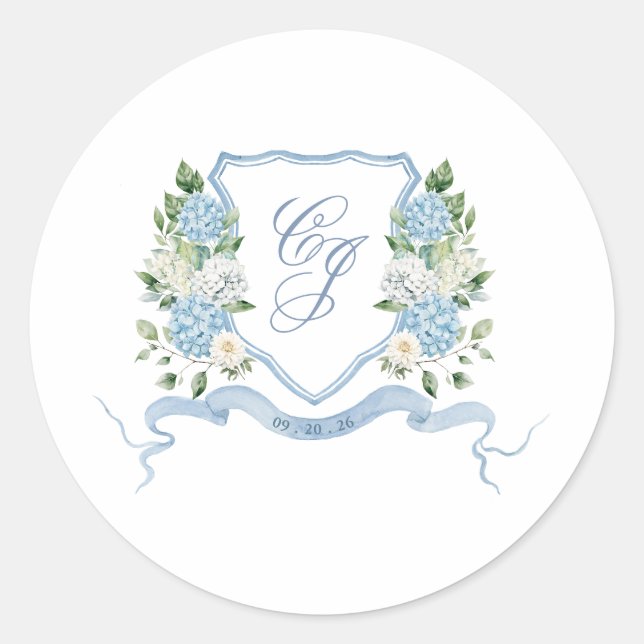 Simple Dusty Blue Monogram Crest Wedding Classic Round Sticker (Front)