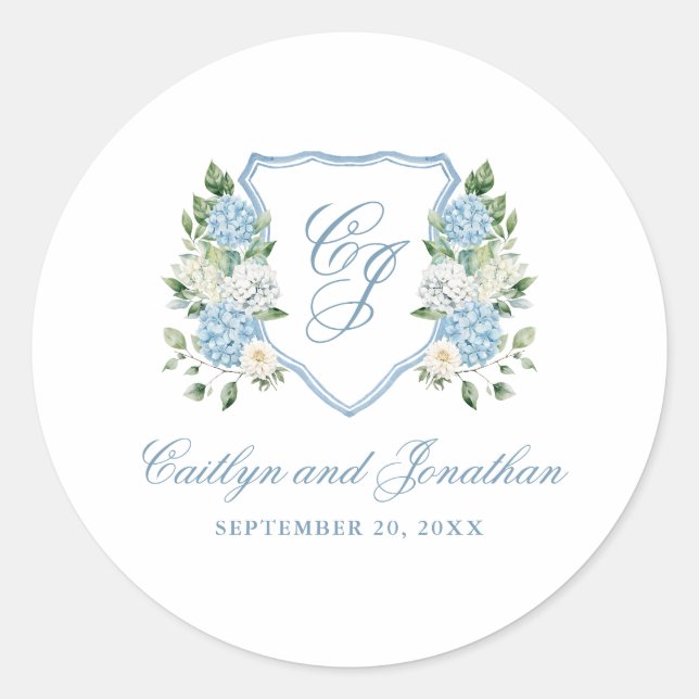 Simple Dusty Blue Monogram Crest Wedding Classic Round Sticker (Front)