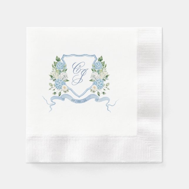 Simple Dusty Blue Monogram Crest Wedding Napkins (Front)
