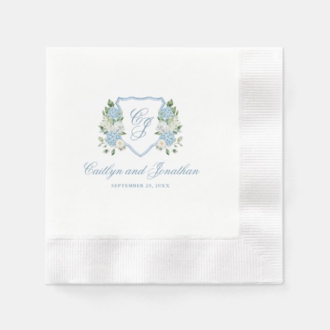Simple Dusty Blue Monogram Crest Wedding Napkins (Front)