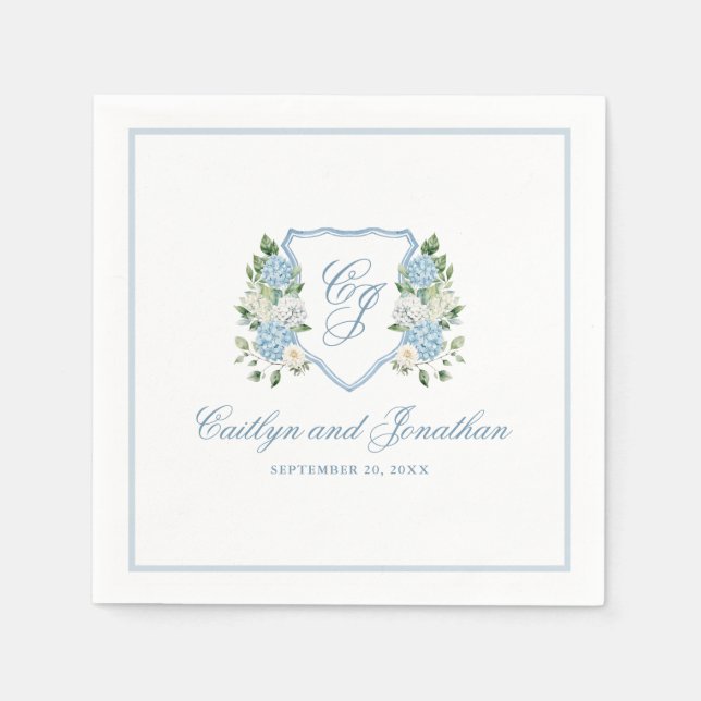 Simple Dusty Blue Monogram Crest Wedding Napkins (Front)