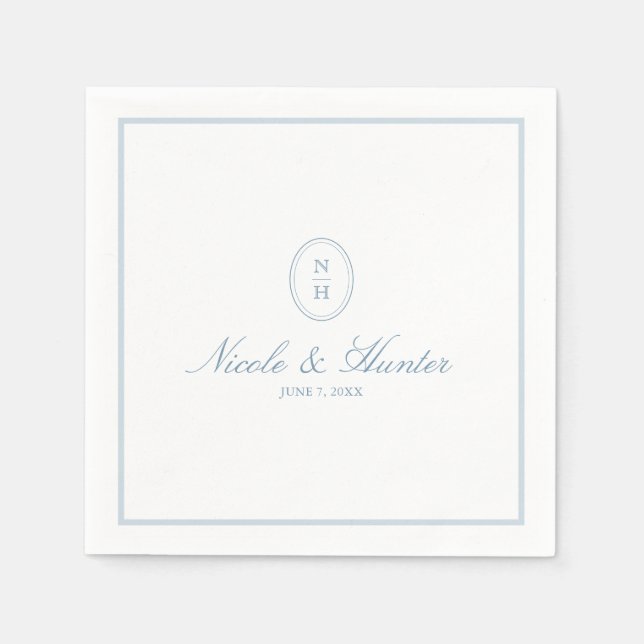 Simple Dusty Blue Monogram Crest Wedding Napkins (Front)