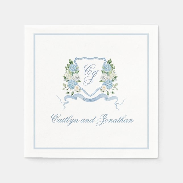 Simple Dusty Blue Monogram Crest Wedding Napkins (Front)