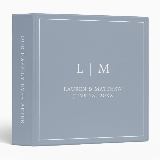 Simple Dusty Blue Monogram Elegant Wedding 3 Ring Binder (Front/Spine)