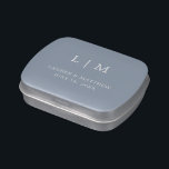 Simple Dusty Blue Monogram Elegant Wedding Candy Tin<br><div class="desc">Simple wedding mint candy tin featuring a modern yet elegant design with your two letter monogram along with your names and date in white over a dusty blue background. The font and background colors may be changed to any colors you wish by clicking the "customize" button. These chic and stylish...</div>