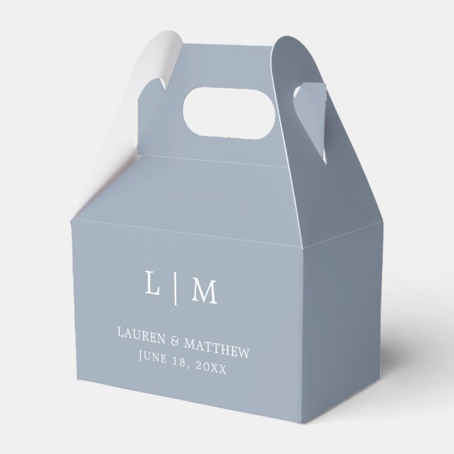 Simple Dusty Blue Monogram Elegant Wedding Favor Boxes (Front Side)