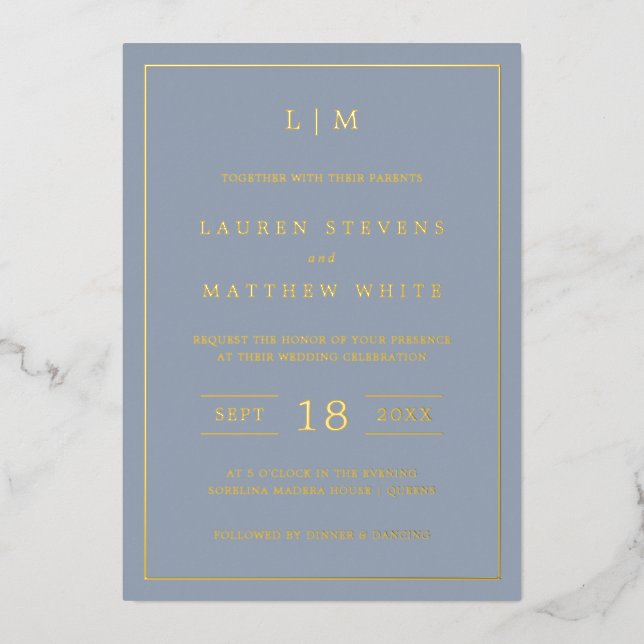 Simple Dusty Blue Monogram Elegant Wedding Foil Invitation (Front)