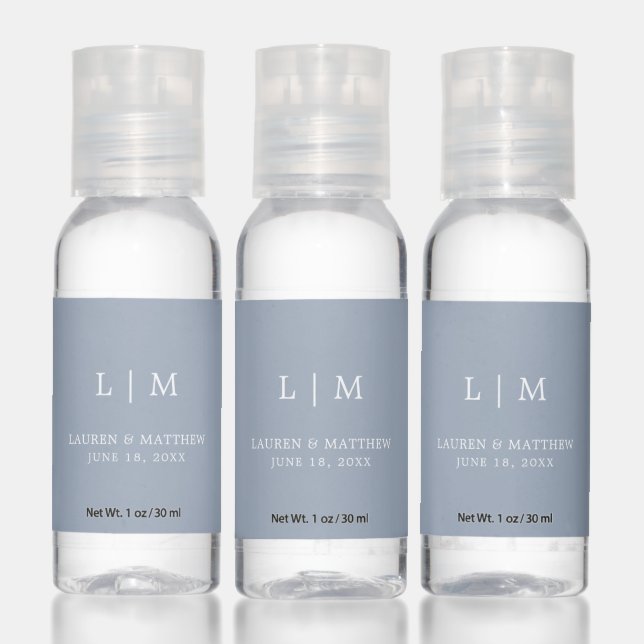 Simple Dusty Blue Monogram Elegant Wedding Hand Sanitizer (Set)