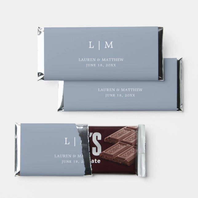 Simple Dusty Blue Monogram Elegant Wedding Hershey Bar Favors (Front)