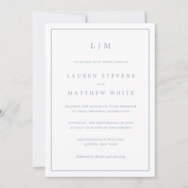 Simple Dusty Blue Monogram Elegant Wedding Invitation (Front)