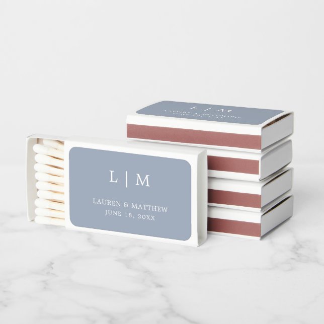 Simple Dusty Blue Monogram Elegant Wedding Matchboxes (Stacked)