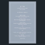 Simple Dusty Blue Monogram Elegant Wedding Menu<br><div class="desc">Simple wedding menu featuring a modern yet elegant design with your two letter monogram along with your names and date surrounded by a thin border. All text is in white over a dusty blue background. The fonts and background colors may be changed to any colors you wish by clicking the...</div>