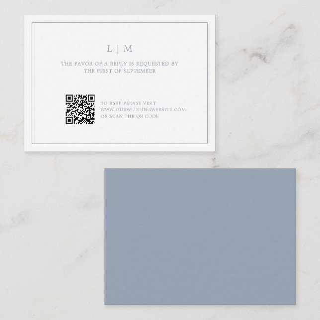 Simple Dusty Blue Monogram Elegant Wedding RSVP Note Card (Front/Back)
