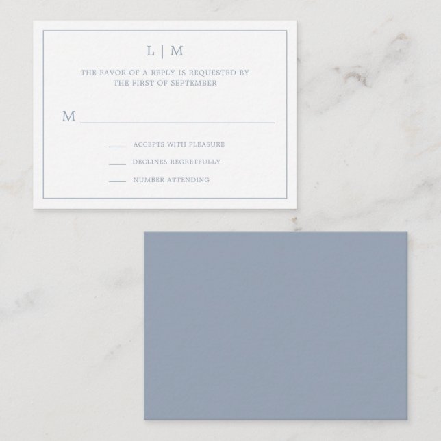 Simple Dusty Blue Monogram Elegant Wedding RSVP Note Card (Front/Back)