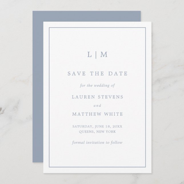 Simple Dusty Blue Monogram Elegant Wedding Save The Date (Front/Back)