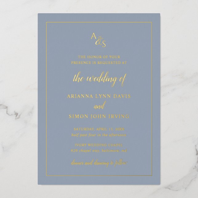 Simple Dusty Blue Monogram Formal Elegant Wedding Foil Invitation (Front)