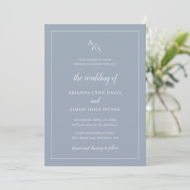 Simple Dusty Blue Monogram Formal Elegant Wedding Invitation (Standing Front)