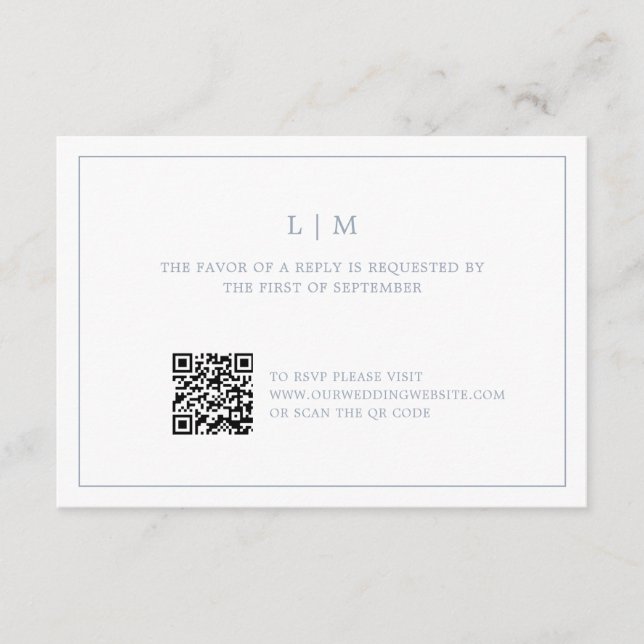 Simple Dusty Blue Monogram QR Code Elegant Wedding RSVP Card (Front)