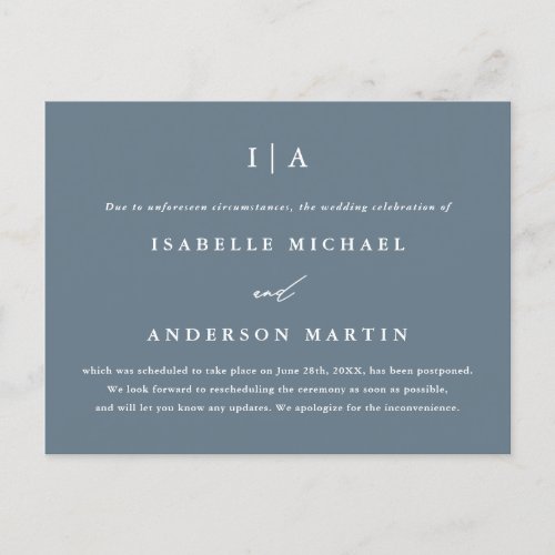 Simple Dusty Blue Monogram Wedding Postponement Announcement Postcard