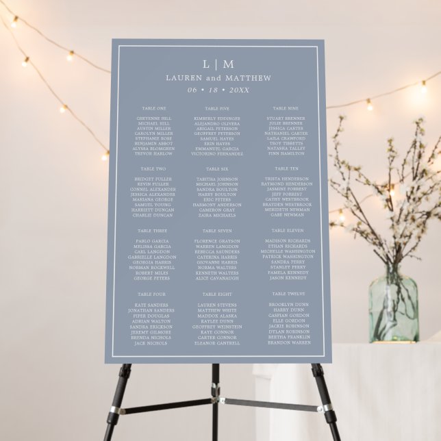 Simple Dusty Blue Monogram Wedding Seating Chart Foam Board (In Situ (Stand))