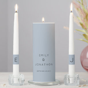 Simple Dusty Blue Names Date Initials Wedding Unity Candle Set